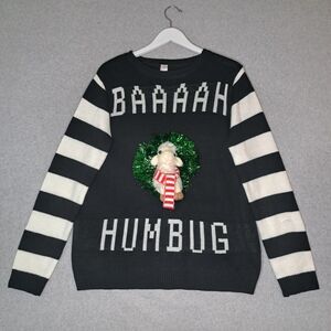 No Boundaries 3X Baaaah Humbug Ugly Christmas Sweater Lamb Plush Tinsel Wreath